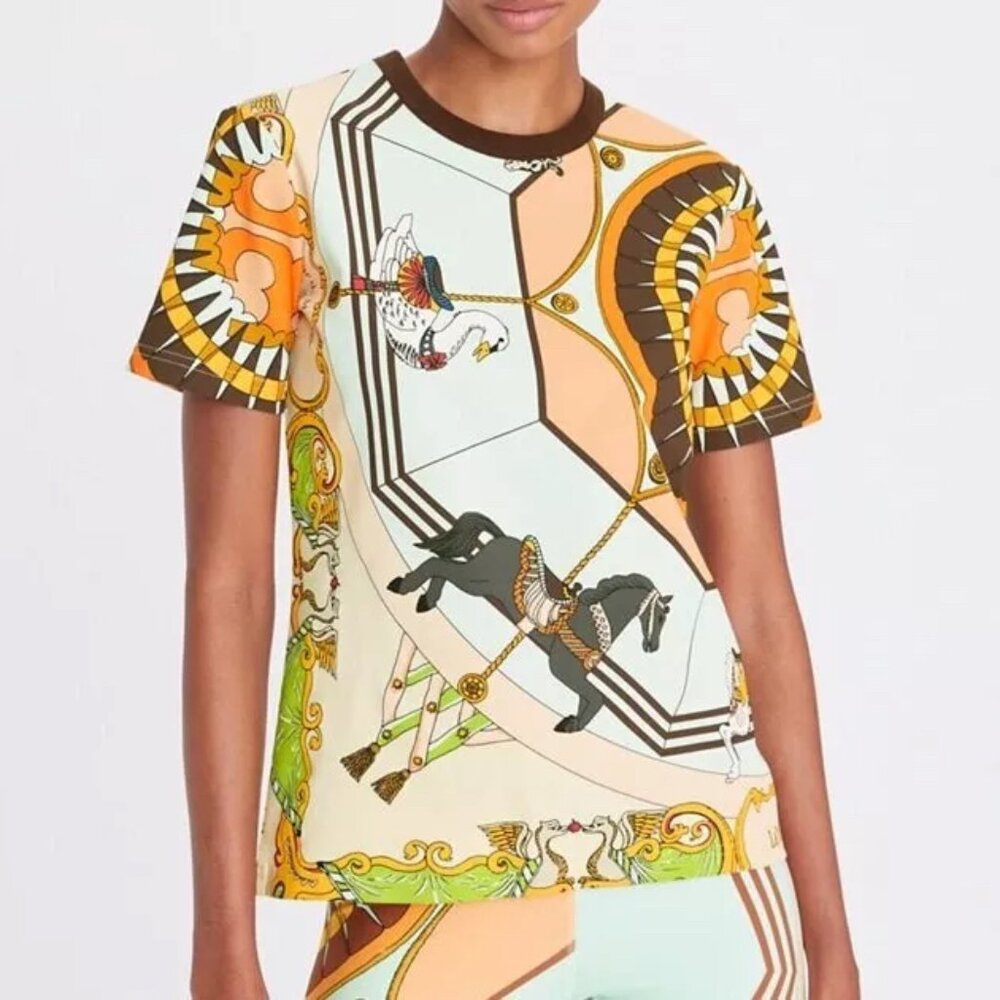 Tory Burch Carousel Printed T Shirt Tee Peach Orange Animal Carnival Cotton S